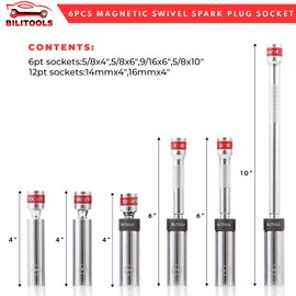 BILITOOLS 6 Piece 3/8-Inch Drive Magnetic Swivel Spark Plug Socket Set-Includes 9/16-Inch, 5/8-Inch, 14mm, 16mm Socket & 3/8-inch Drive with 6-Point and 12-Point, CR-V