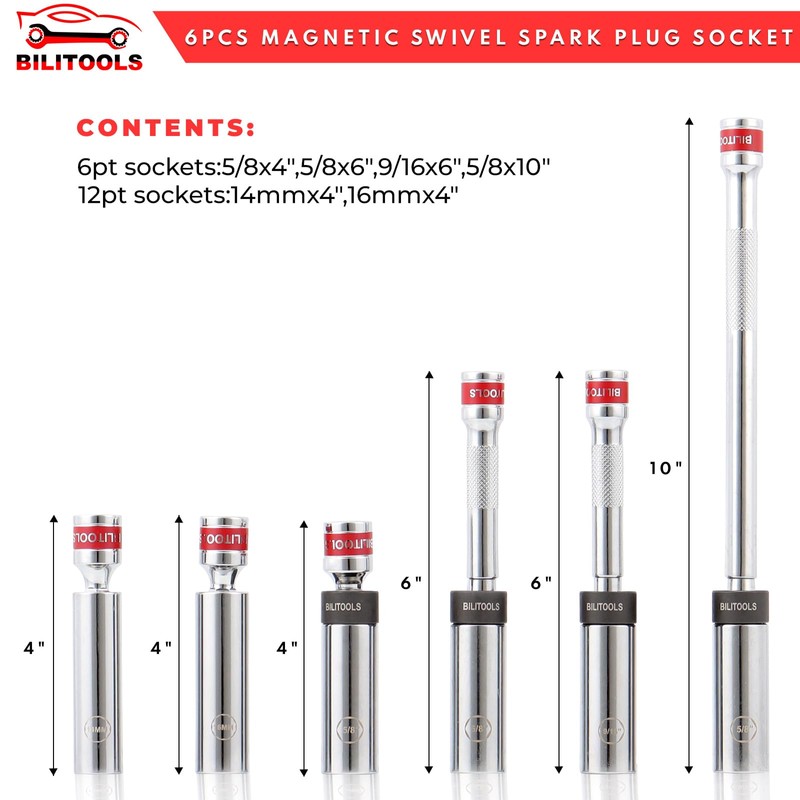 BILITOOLS 6 Piece 3/8-Inch Drive Magnetic Swivel Spark Plug Socket