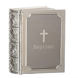 Baptism Bible Design With Cross Dark Silver Tone 3 x 3.5 Zinc Alloy Keepsake Box