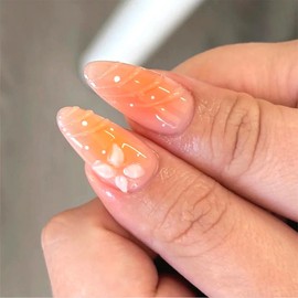 30Pcs Handmade Press on Nails Summer Fruit Fake Nails Medium Almond Nails Press on French Tip Acrylic Nail 3D Grapefruit Designs Orange Glue on Nail Reusable False Nail for Women DIY Manicure Salon
