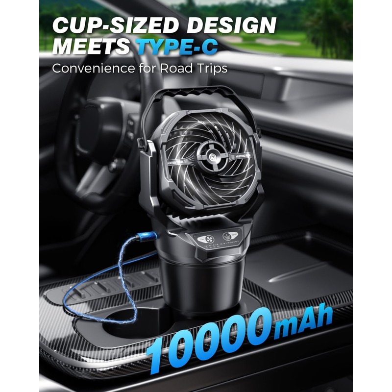 Golf Cart & Car Cup Holder Misting Fan, 900ml Leak-Proof,