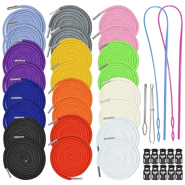 24Pcs 12 Colors Drawstring Replacement Drawstring Cords Clothing Drawstring Hoodies Drawstring with 4Pcs Drawstring Threaders and 10Pcs Plastic Cord Locks (51" Long)