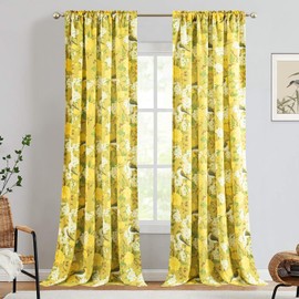 Leeva Yellow Bird Flower Print Curtains, Farmhouse Style View Block Privacy Drapes Panels for Living Room, Rod Pocket Linen Textured Window Curtains for Decorations, 52" x 63"