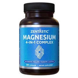 Zentastic Suplemento complejo de magnesio 4 en 1 glicinato, malato, taurato y lactato de magnesio, quelado de alta absorción para nervios, músculos,  