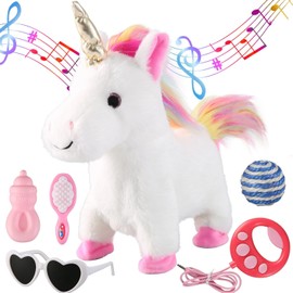 Marsjoy White Running Unicorn Toy Set Singing Dancing Electronic Plush Unicorn with Leash Touch Control Realistic Steps Nodding Tail Waving Pretend to Be Vigorous