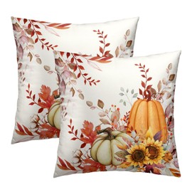 Giwawa Fall Throw Pillow Covers 18 X 18 Inch Set of 2, Autumn Pumpkin Leaves Sunflowers Square Thanksgiving Farmhouse Pillowcase Hidden Zipper Cushion Cover for Sofa Bed Couch Home Decor