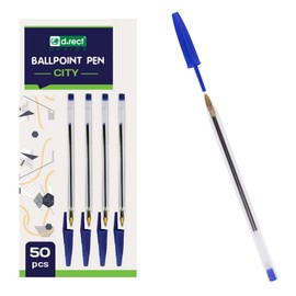 D.RECT Ballpoint Pen Set of 50 - Pens with Transparent Lid - Ballpoint Pen with Tungsten Carbide Ball, Blue