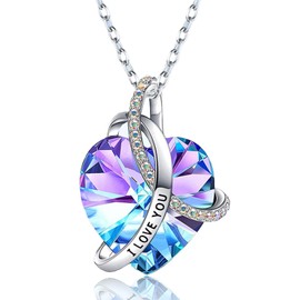 Yienate Heart Crystal Necklace Choker Silver Purple Crystal Heart Pendant Necklace Chain I Love You Birthstone Necklace Charm Infinity Love Heart Necklace Jewellery Gift for Women Girls