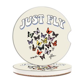 Vintage Butterflies Car Cup Holder Coasters, 2 Pack Universal Auto Anti Slip Insert Coasters,Ceramic Car Coasters with A Finger Notch, Cup Mat for Most Car Interior