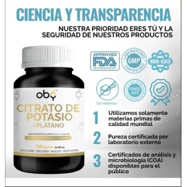 Citrato Potasio 1000mg + Extracto Plátano 180 Cápsulas | Soporte Bienestar Y Relajación Muscular | Ligeraza y Energía Natural | Oby Vitaminas Mujer y Hombre | Pureza Y Absorción Superior Premium