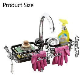 Kitchen Sink Faucet Organizer, Sponge Holder for Kitchen Sink with Hook, Hanging Faucet Drain Rack for Dishcloths, Sponges, and More (Black, Square one-Piece)