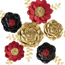 3D Paper Flower Decorations, Giant Paper Flowers, Large Handcrafted Paper Flowers (Gold, Red, Black Set of 6) for Wedding Backdrop, Bridal Shower, Wedding Centerpieces, Baby Shower, Nursery Wall Decor