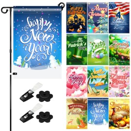 Seasonal Garden Flags Set 12pc 12x18 Inch Yard Flags with Stand & Holder Weather Resistant Outdoor Lawn Flag Holiday House FlagsColor: color, Size: 12x18inch