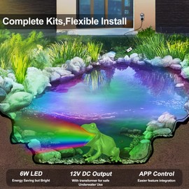 OSREE RGB Pond Light with APP, 6W Frog Fountain Lights with 12V Transformer, IP68 Waterproof Underwater Pond Lights with 32FT Cables for Ponds Waterfall Fountain Gardens Water Feature, 1 SpotLights