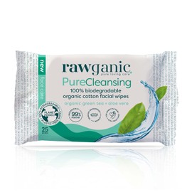 RAWGANIC Pure Cleansing Refreshing Facial Wipes with Aloe Vera and Green Tea | Gentle Soothing Biodegradable Makeup Removal Organic Cotton Wipes | 4 Packs (100 wipes in total)