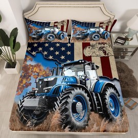 Blue Tractor Fitted Sheet Queen Size Rustic Farmhouse Style Bedding Sheet Set,Farming Truck Retro American Flag Graffiti Bed Cover Ultra Soft Breathable Bedding 3 Pcs