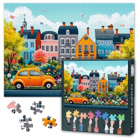 Car Jigsaw Puzzles 1000 Pieces for Adults, Neighborhood with Colors Houses Jigsaw Puzzles, Flower Gardens Puzzle for Adults 1000 Pieces, Impossible Puzzle for Adult 20X27 INCH