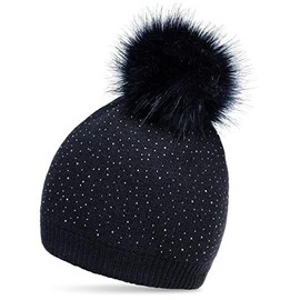 Caspar MU191 Women's Fine Knitted Winter Hat with Fur Pom and Subtle Glitter Rhinestone - dark blue