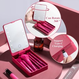 BS-MALL Juego de brochas de maquillaje de viaje, base, polvo, correctores, sombras de ojos, juego de maquillaje con espejo con luz LED, 14 piezas (ros