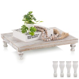 Hanobe Wooden Riser Decorative Tray: Farmhouse Wood Pedestal Display Stand Rustic Whitewashed Tray Riser Centerpiece for Coffee Bar Kitchen Dining Room Home Table Decor, Short & Tall Footed