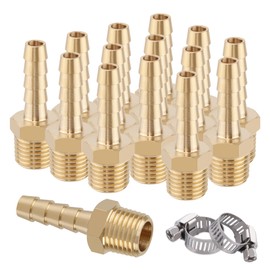 Ailbiuko 15 Pcs Brass Hose Barb Fittings,1/4" Barb to 1/4" NPT Male Thread Adapter,1/4" to 1/4" NPT Air Hose Repair Kit, Barbed Air Hose Repair Connector Fitting with 15 Pcs Hose Clamp