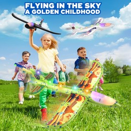 3 Pack Airplane Launcher Toy, 12.6" Foam 2 Flight Mode Led Plane Catapult Boy Toys with 3 DIY Stickers, Outdoor Flying Toys for Kids Gifts for 4 5 6 7 8 9 10 12 Year Old Boys Girls