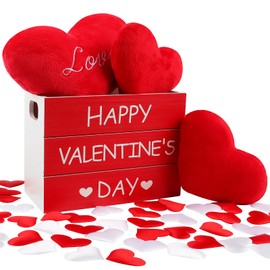 Wlicon Valentine's Day Decor Wooden Created, Valentine's Day Wood Box Sign with 3 Pcs Plush Hearts and 50 Pcs Fabric Hearts Set Valentines Table Decorations for Wedding Anniversary Party Home Dector