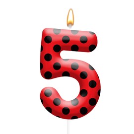 Ladybug Theme Birthday Candles - Red & Black Polka Dot Decorative Candles for Kids Ladybug Themed Parties, Baby Showers, Birthday Cakes, and Ladybird Inspired Celebrations(Number 5)