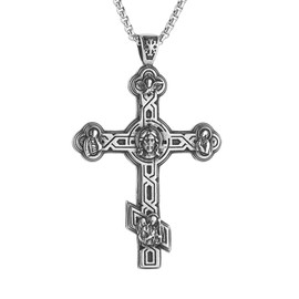 HZMAN Large Orthodox Cross Necklace for Men Vintage Silver Stainless Steel Cross with Jesus