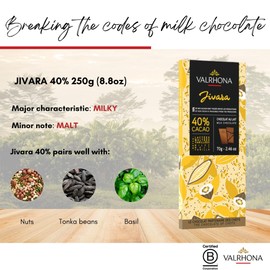 Valrhona Milk Chocolate JIVARA 40% Cacao Tasting Bar - Gourmet French Chocolate, Caramel & Vanilla. The Darkest Milk Chocolate for Baking & Frostings, Sauces, Silky Cakes, Candies. 70g. (Pack of 3)