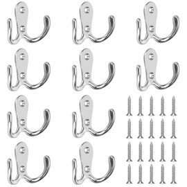 Pangutiandi 10 Pcs Wall Hooks Coat Hooks Double Clothes Hooks with 20 Pcs Screws,Utility Towel Hooks for Kitchen Bathroom Toilet Silver