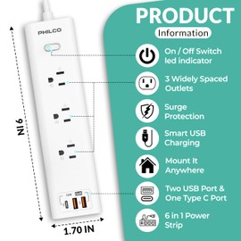Philco Surge Protector Power Strip, Power Outlet, Surge Protector with USB Ports, 30W 3 Outlets W/ 1 USB-C & 2 USB-A Ports, 6ft Extension Cord with Multiple Outlets, Flat Plug, Home Office Essentials