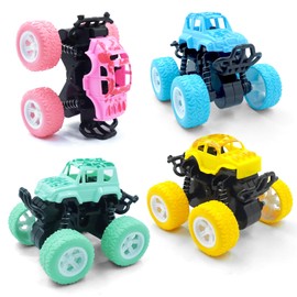 Monster Truck for Boys 3 4 5 6 7 Year Old,4 Pack Push and Go Friction Powered Car Toys, Double-Directions Inertia Pull Back Vehicle Set for Kids