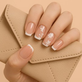 White Flower French Tip Press On Nails Short Square Fake Nails with Delicate Floral Design - 24Pcs Glossy Stick On Nails Full Cover Acrylic Nail Tips - For Wedding, Party, Daily Wear