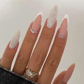 24Pcs Almond Press on Nails Medium Glitter Silver Fake Nails French Tip False Nails with Sparkly Rhinestones Designs Elegant Acrylic Artificial Nails Kit Matte Glue on Nails for Women and Girls