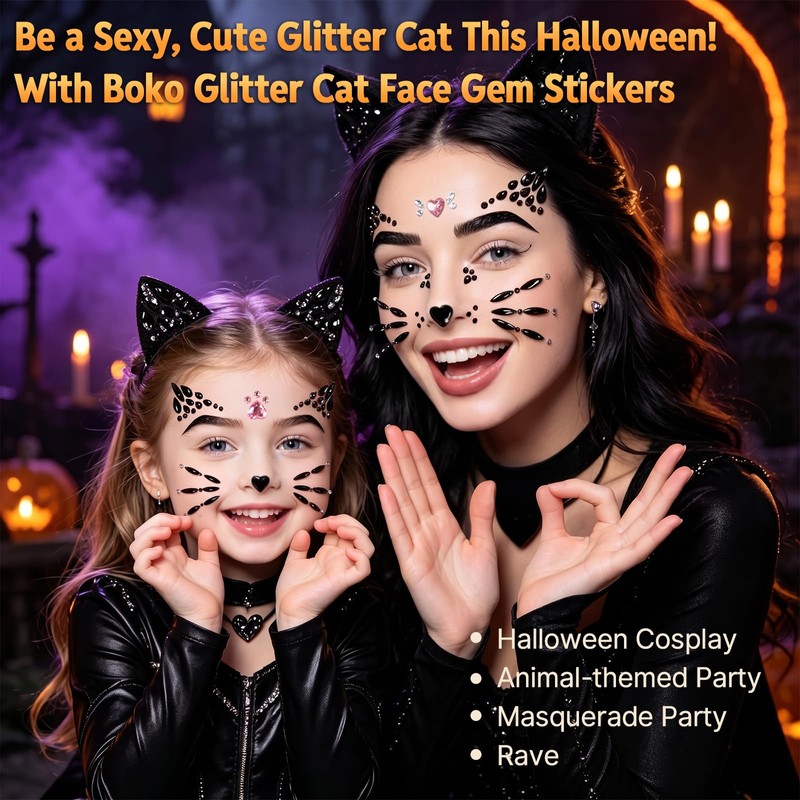 4Pcs Crystal Cat Face Gems Stickers, Halloween Cat Print Gem