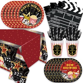 141Pcs Movie Night Birthday Party Decorations for 20 Guests - Disposable Tableware Movie Theme Decor Party Plates and Napkins Forks Cups Cutlery Tablecloch for Kids Baby Shower Birthday Supplies