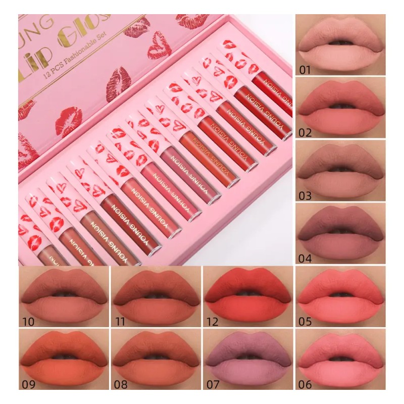 Set De 12 Brillos Labiales, Duraderos Y Fáciles De Aplicar