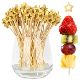 100PCS Gold Star Cocktail Picks, Decorative Fancy Toothpicks for Appetizers, 5.2 Inch Long Bamboo Skewers, Wooden Garnish Sticks for Drinks Food Fruit Party Supplies Charcuterie Boards Accessories
