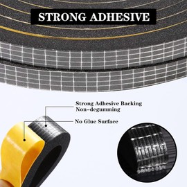 Weather Stripping Door Seal Strip Strong Adhesive Foam Insulation Tape Tape Gasket for Door and Windows (Black, 1/2 in x 1/16 in x 33Ft)