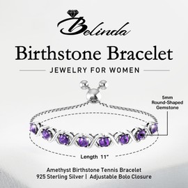 Belinda Jewelz - Birthstone Bangle Bracelet, Birthstone Bracelets for Women with 8 Round Stones, 925 Sterling Silver Amethyst Bracelet for Women, Amethyst Bracelet with Bolo Closure, 11”