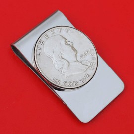 US 1960 Franklin Half Dollar 90% Silver Coin Stainless Steel Money Clip NEW - Silver Plated Coin Bezel