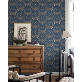 HeloHo Peel and Stick Wallpaper Dark Blue Contact Paper Vintage Floral Butterfly Wall Paper Removable Self Adhesive Wallpaper for Cabinets Bathroom Bedroom Decorative Vinyl Roll 17.3" X 78.7"