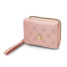 AdiStylinno Wallets for Women, Flower Print Triple-fold Leather Card Wallets Ladies Small Wallet with Zipper Coin Pockets (Pink)