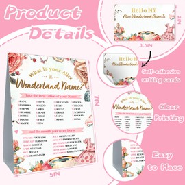 What's Your Alice Wonderland Name Game Card, Including 1 Alice Name Game Sign and 30 Name Sticker, Alice Theme Game Cards Set, Perfect for Birthday Party Game Activities