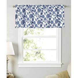 Annlaite Valance for Windows Valance Floral Printed for Kitchen Living Room Thermal Insulated Energy Saving Window Curtain Valance for Living Kitchen Rod Pocket 52 by 18 Inch Navy