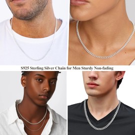 Esrael S925 Sterling Silver Solid 3 mm 5 mm Cuban Chain Necklace for Men, Robust Non-Fading Men's Silver Chain Jewellery Gifts for Men 16/18/20/22/24 Inches, Sterling Silver