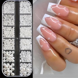 Mixed Size White Resin Pearls, 1 Box 12 Grid Nail Art Decoration, Multi-size Pearls Suitable for DIY Nails, Face and Clothing Decoration