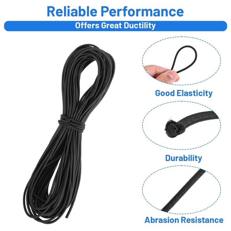 1/16 Inch Elastic Cord (2mm), 66ft Black Heavy Duty Round