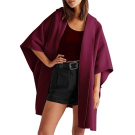 CHARTOU Women Hooded Kimono Cardigan Sweater Oversized Open Front Cardigan Jacket (Medium, Wine Red)